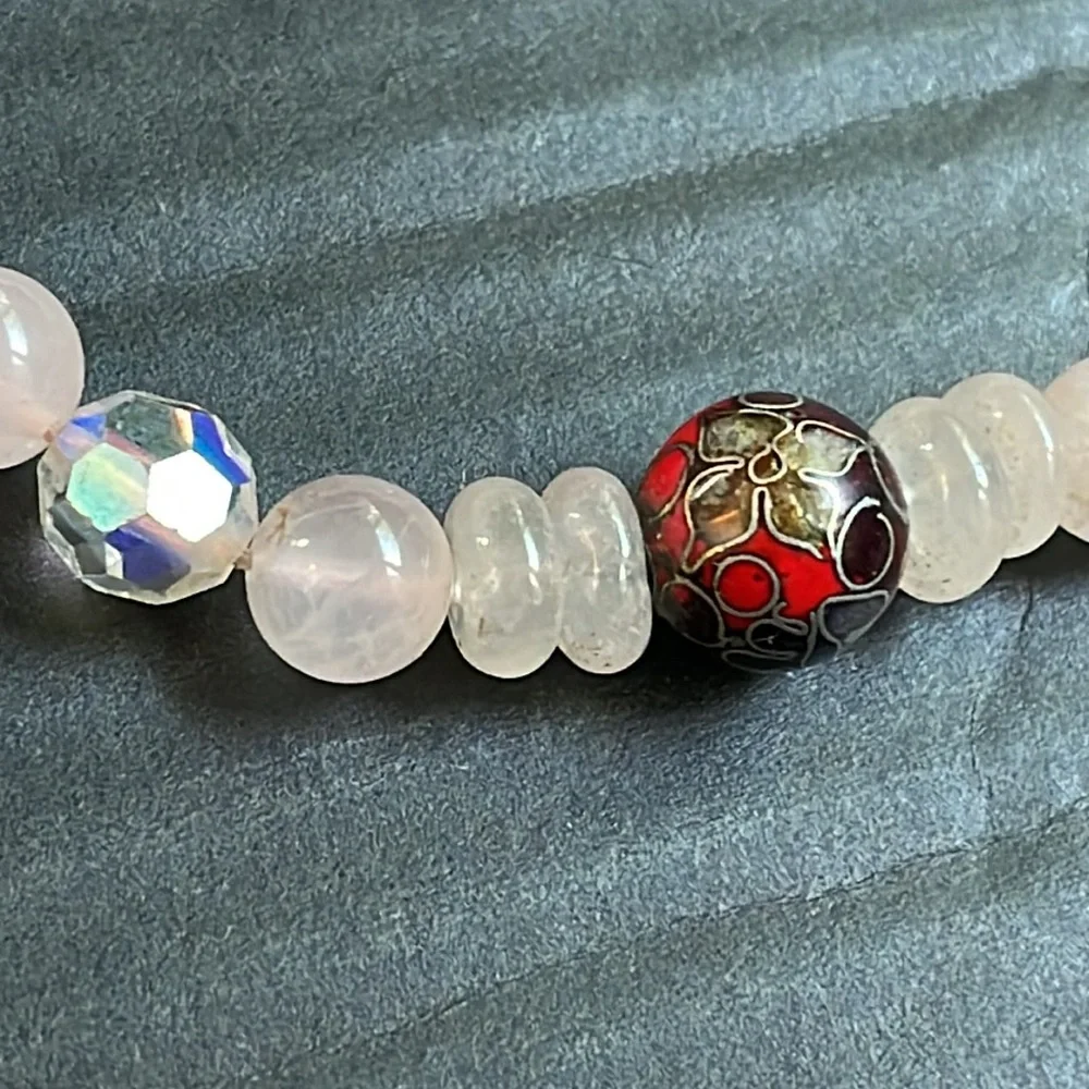 Pink Rose Quartz Beaded Necklace w Cloisonne & Aurora Borealis Accent Be…